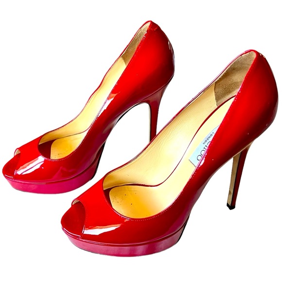 Jimmy Choo London Red Patent Leather Peep Toe Pumps 5” Spike Heels Size 38.5 EU - Picture 5 of 11